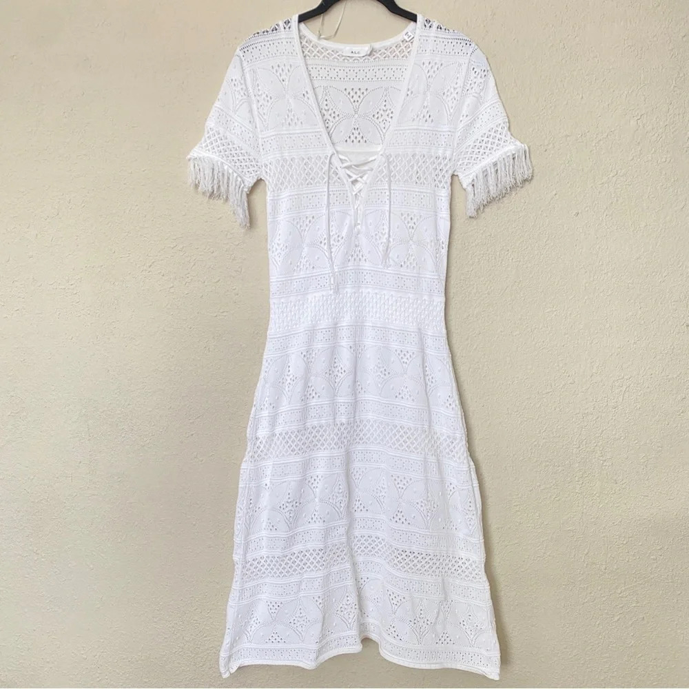A.L.C‎ Trevi Crochet Knit Fringe Sheath Dress white size M